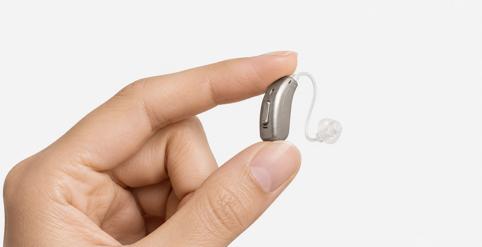 A close-up of a hand holding a small hearing aid