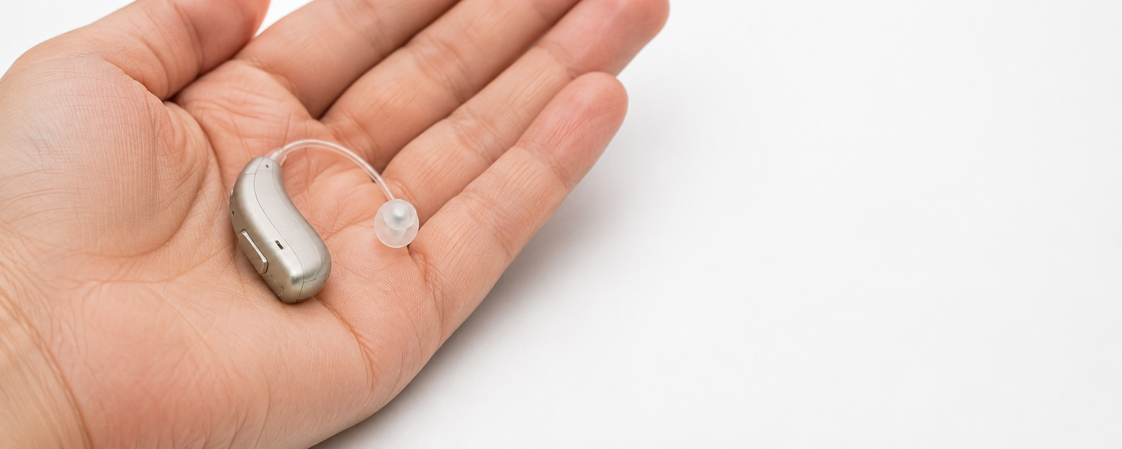 A close-up of a small hearing aid resting in the palm of a hand over a white surface