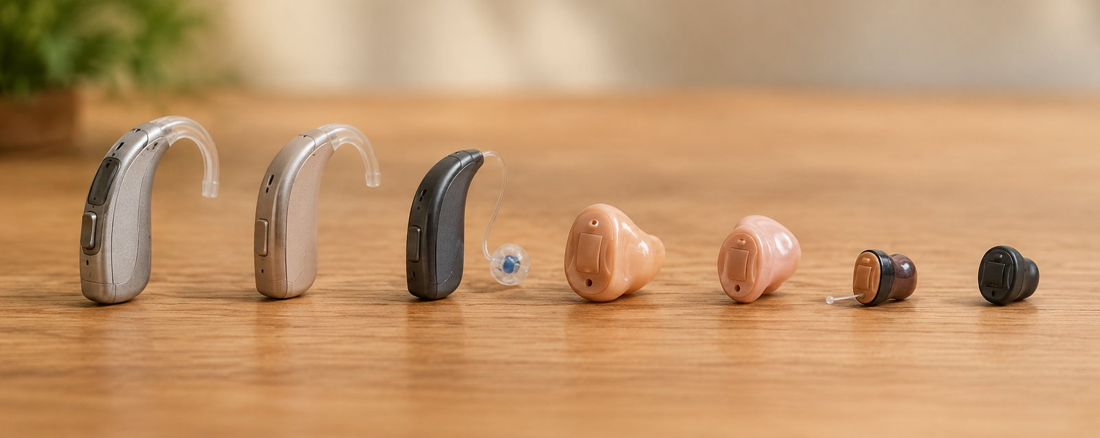 A row of different hearing aid styles on a wooden table under soft light