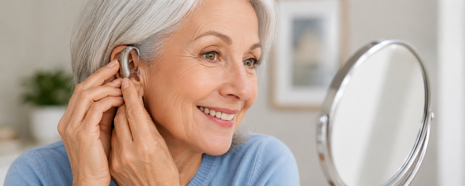 A smiling older woman fitting a behind-the-ear hearing aid