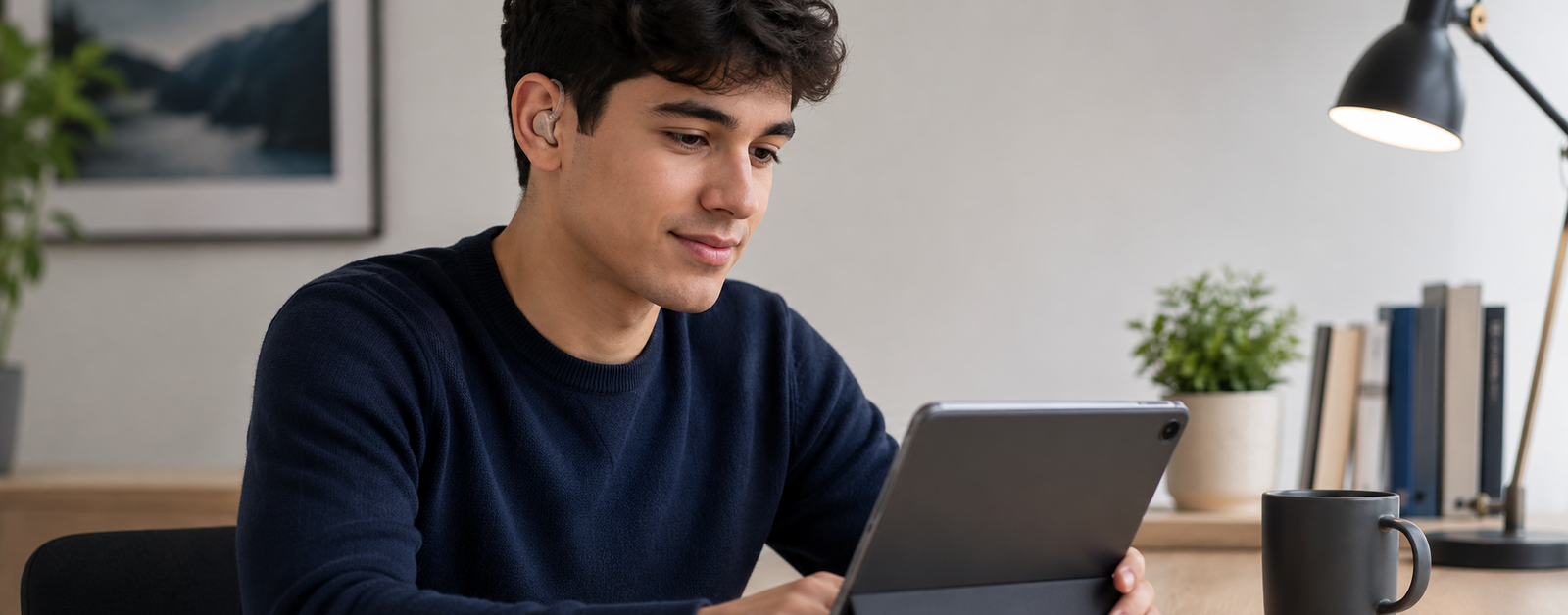 A young man sitting at a desk one ear fitted with an in-ear hearing aid looking at a tablet