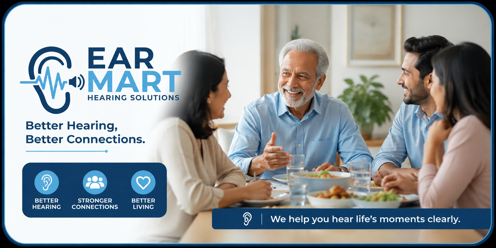 A senior man smiling and engaging in a conversation with his family at a dining table - EarMart Hearing Solutions A senior man smiling and engaging in a conversation with his family at a dining table